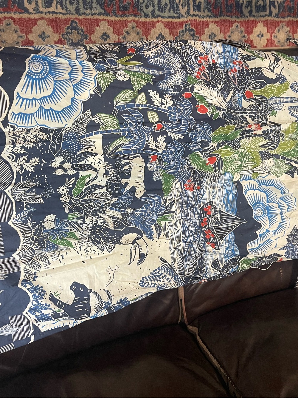 FARM Rio Navy Blue Floral and Wildlife Print Dress with Red and Green Accents